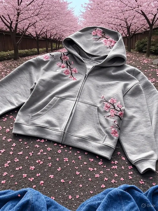 American Vintage Y2K Cherry Blossom Embroidered Hooded Jacket Womens Pink Zipper Coat with Floral Tree Graphic Streetwear