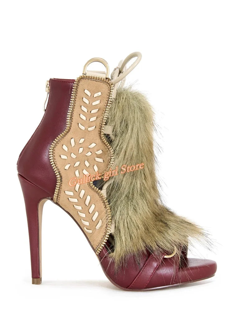 Faux Fur Open Toe Knee High Sandal Boots for Women