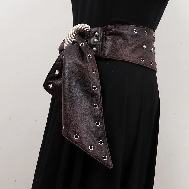 [EAM] Pu Leather Coffee Tassels Irregular Long Wide Belt Personality Women New Fashion Tide All-match Spring Autumn 2025 1DH8694