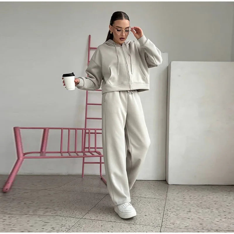 Casual Hooded Jacket and Wide Leg Pants Set for Women