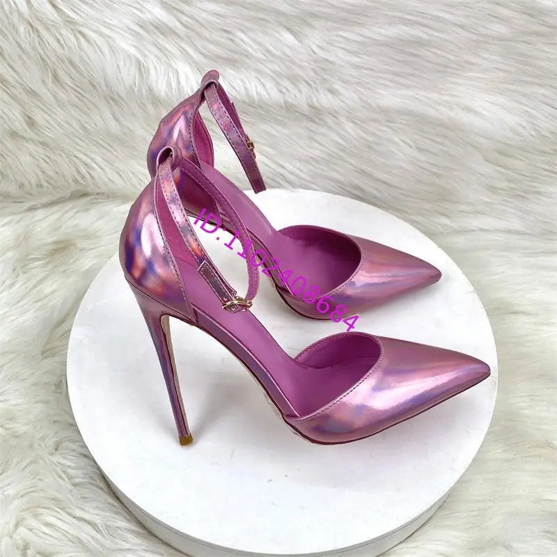 Sexy Lady 12cm High Heel Sandals Pointed Toe Purple Pink Bright Buckle Sandals for Women plus Size 45
