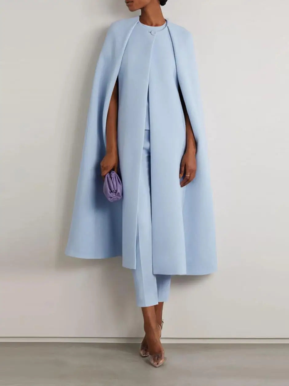 Elegant Solid Color Cape Coat High Waist Pants Two Piece Set For Women