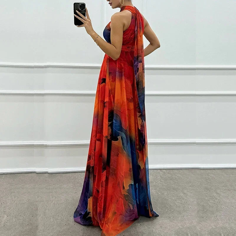 Elegant Lace Up Pleated Boho Print Evening Dress for Women