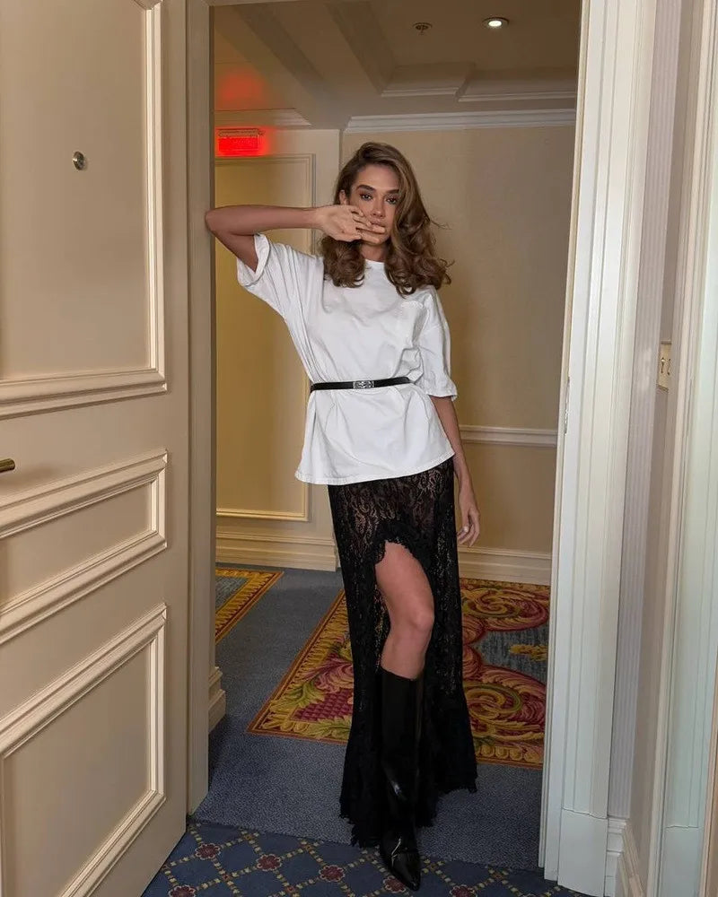 Elegant Asymmetrical Floral Lace Maxi Skirt for Women