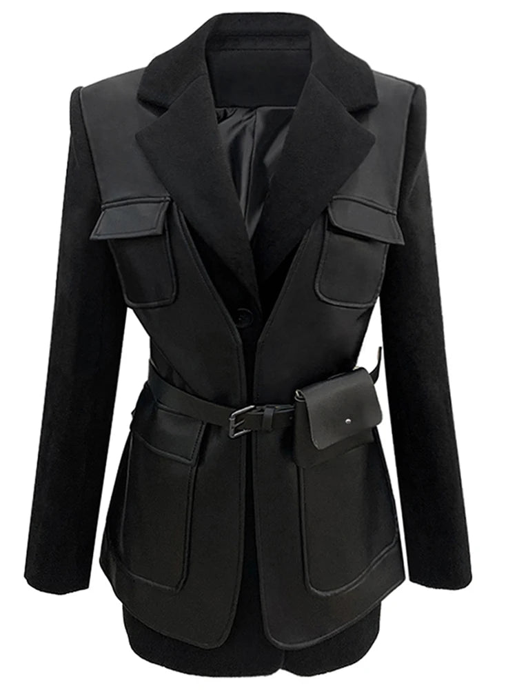 Black Patchwork Faux Leather Jacket With Pockets For Women