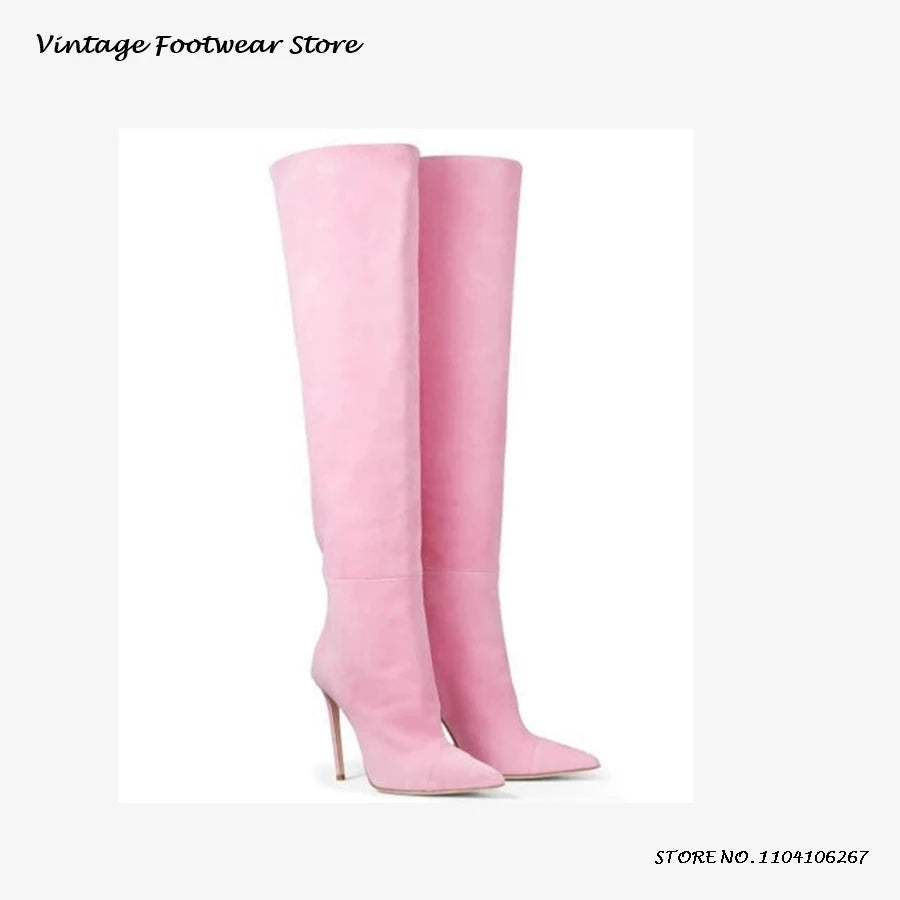 Yellow Suede Pointed Toe Knee-High Boots for Women