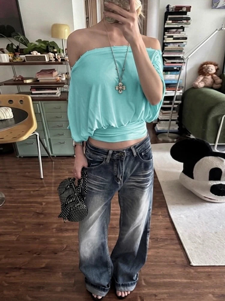Off Shoulder Pleated Batwing Sleeve T Shirt for Women