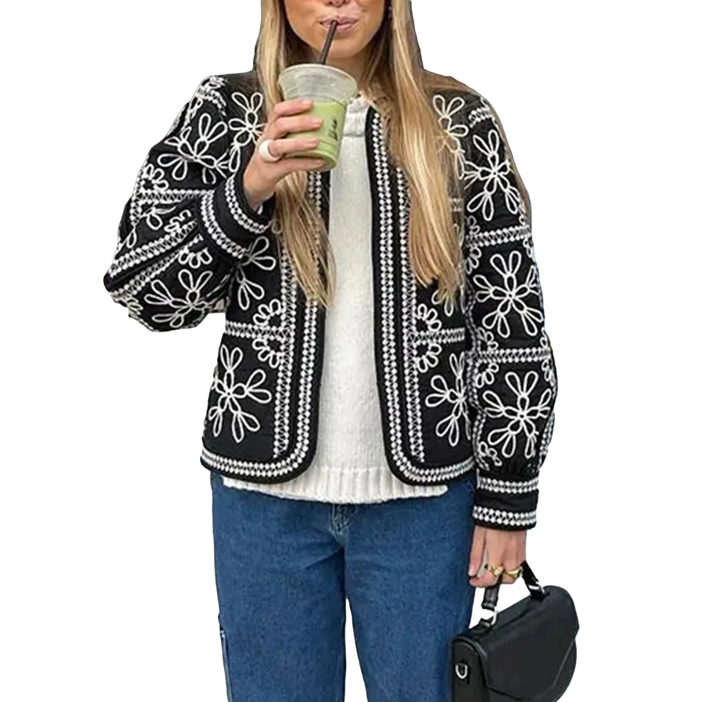 Women'S Retro Open Front Printed Embroidered Jacket, Lightweight Casual Long Sleeved Autumn Street Fashion Cardigan