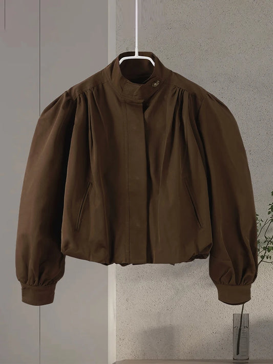 Solid Short Jacket With Standup Collar