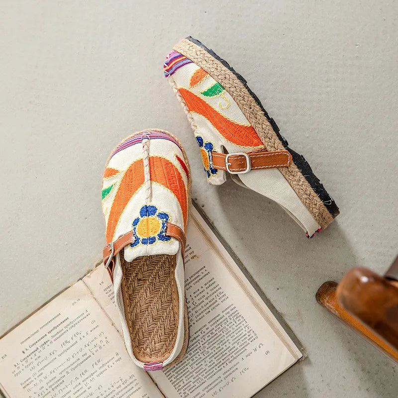 Lightweight Embroidered Cotton Linen Flat Slippers for Women