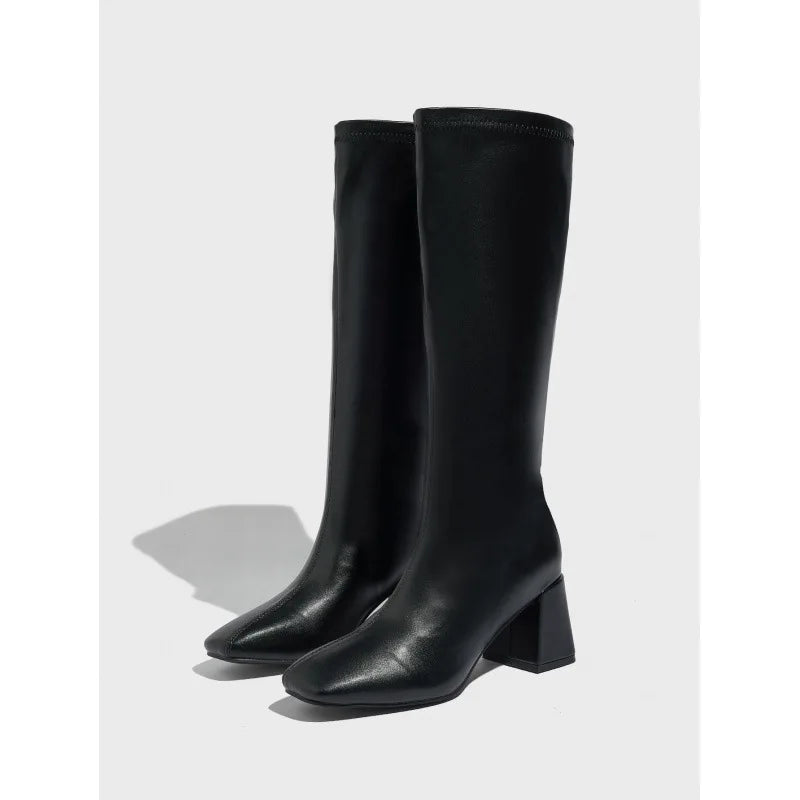Black Square Toe Knee High Boots