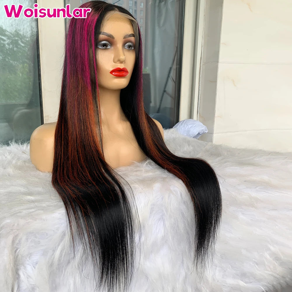 Highlight Pink Yellow and Black Lace Front Human Hair Wigs Straight 200% For Women 13x6 13x4 Transparent Lace Human Hair Wig 100