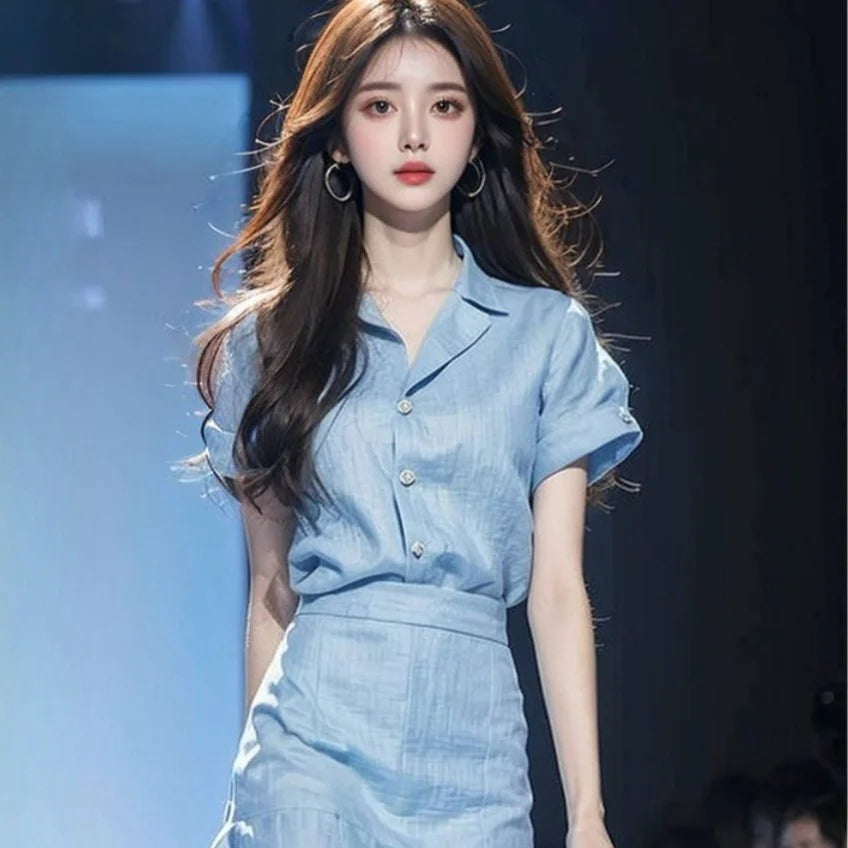 2 Pieces Sets for Women Short Sleeve Skirt Blue Woman Outfit Beach Top and Bottom Stylish Formal Occasion Clothing Trend 2025