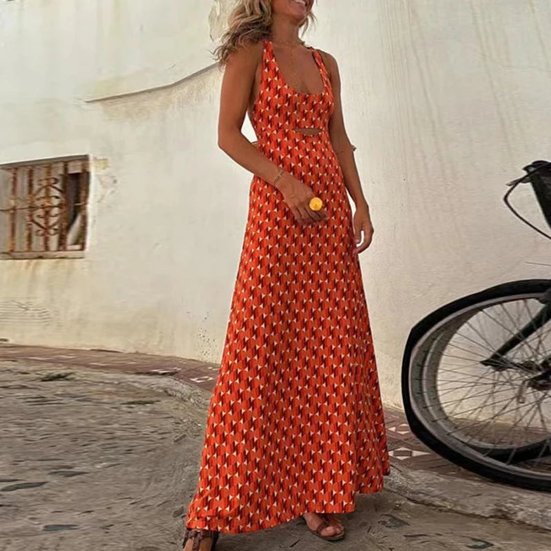 Summer Pattern Print Loose Bohemian Sleeveless Dress for Women