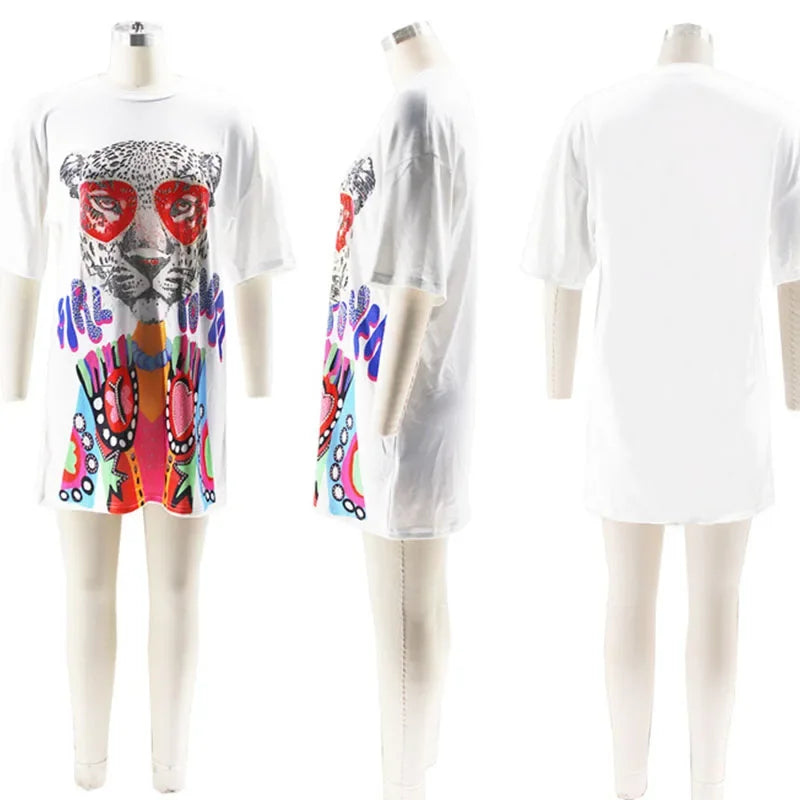Cheetah Print Cartoon Loose Fit T Shirt Dress for Women