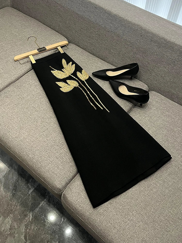 TWOTWINSTYLE Embroidery Two Piece Set For Women O Neck Long Sleeve Spliced Button Top High Waist Skirt Chic Sets FemaleKSE511331