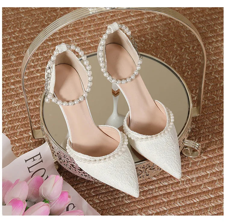 White Pearl Buckle Pointed Bridal Heels