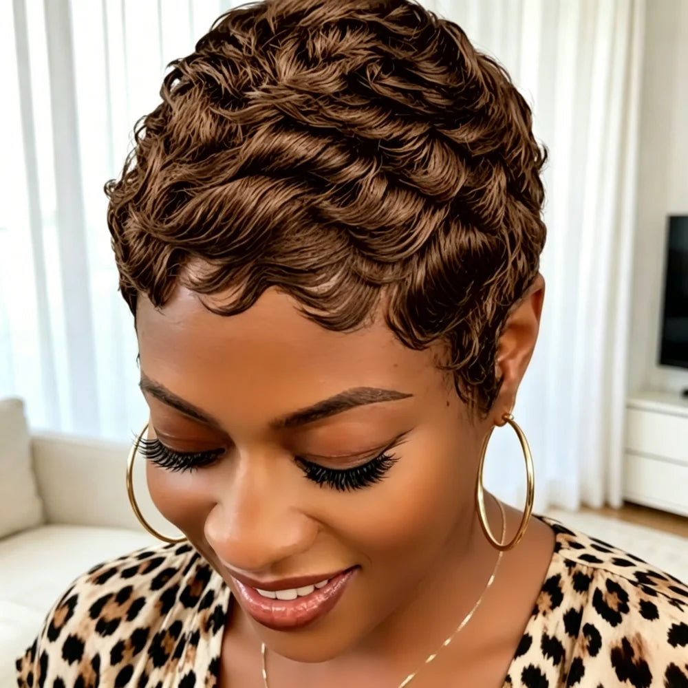 Natural Black Short Curly Pixie Human Hair Wig for Women