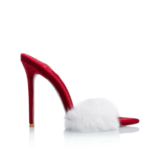 Pointed Toe Fur Ribbon High Heel Sandals for Women