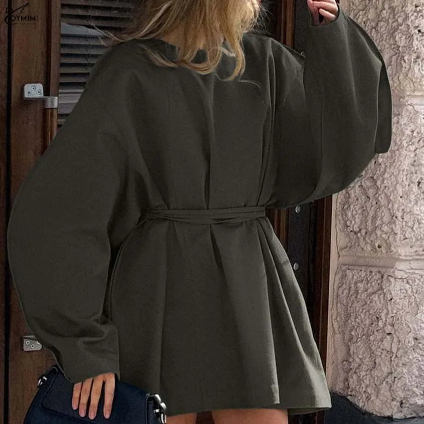 Oymimi Fashion Olive Drab Cotton Womens Dresses Casual Loose O-Neck Long Sleeve Dresses Elegant Lace-Up Mini Dress Streetwear
