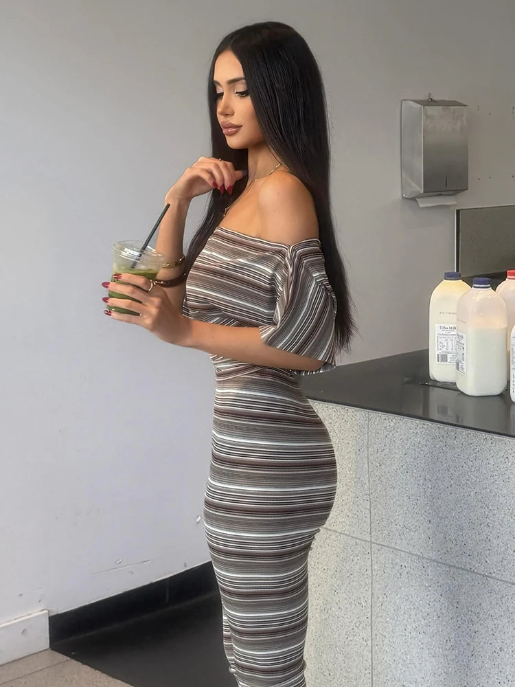 Striped Slash Neck Crop Top and Capri Pants Set for Women