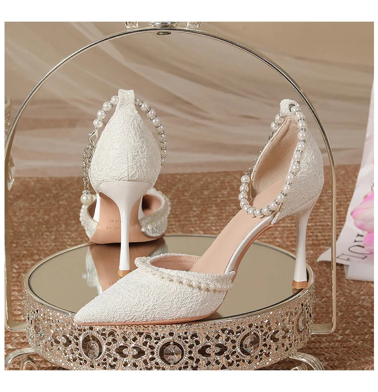 White Pearl Buckle Pointed Bridal Heels