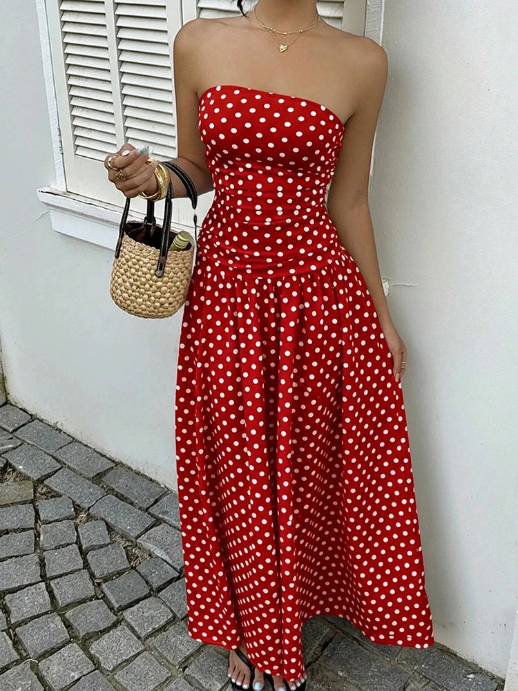 Polka Dot Backless Strapless Maxi Summer Dress for Women