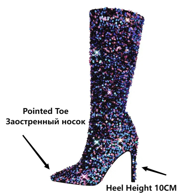 Winter Warm Pointed Toe Stiletto High Heel Mid Calf Faux Fur Boots for Women