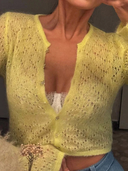 Sexy O-collar Single Breasted Hollow Cardigan Women Casual Solid Color Short Sweater Spring Autumn Thin Long Sleeve Knitted Coat