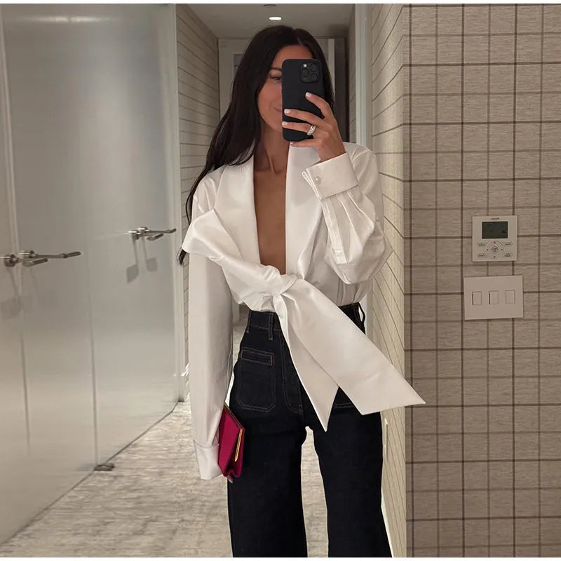 Elegant Bow Detail Pleated Long Sleeve V Neck Blouse for Women