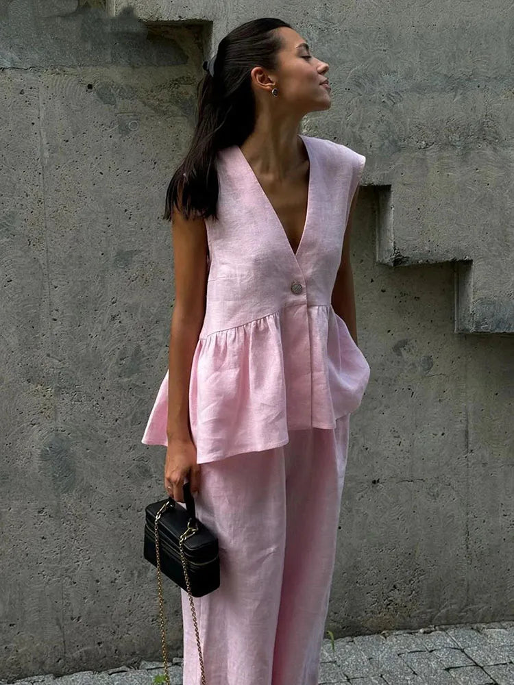 2026 Summer Cotton Two Piece Set Women Sleeveless Loose V Neck Waistcoat Elastic Wide Leg Pants Tracksuits Office Lady Outfits