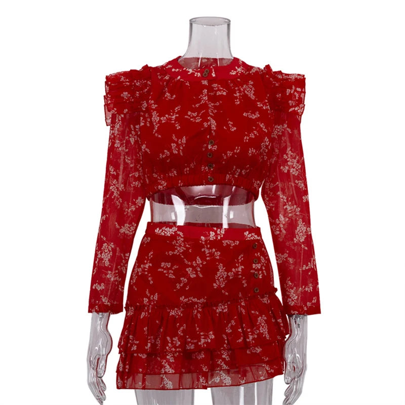 Red Print Butterfly Sleeve Hollow Out Skirt Set for Women
