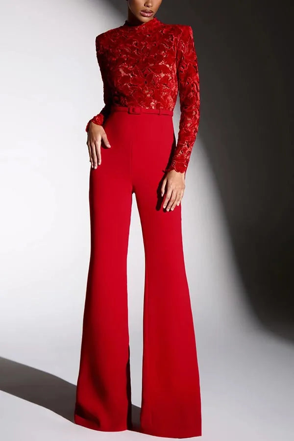 Embroidery Lace Red Jumpsuits Women Sexy Slim Long-sleeved Belt High Waist Jumpsuit Female 2025 Casual Lady Party Rompers