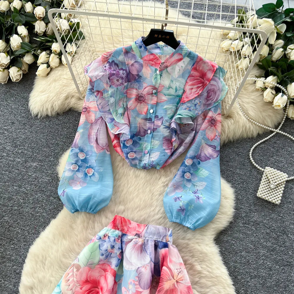 Floral Two Piece Skirt Set With Long Sleeves for Women