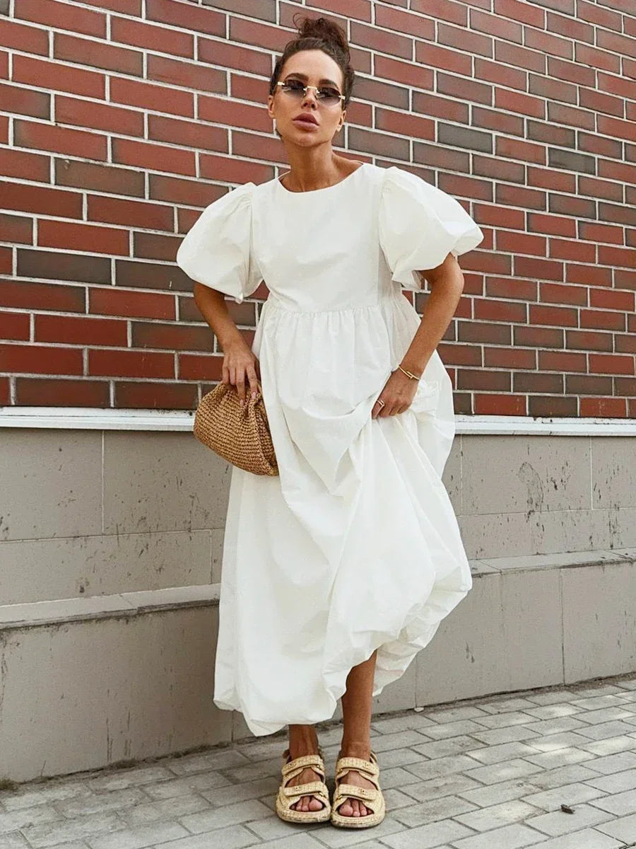 Oversized Cotton Bubble Sleeve Long Dress for Women