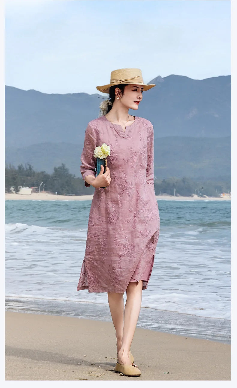 Elegant Embroidered Ramie Linen Knee Length Dress for Women