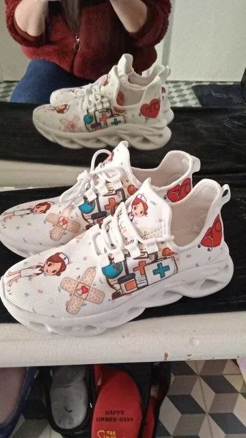 Cute Cartoon Print Lace-Up Nursing Shoes for Women