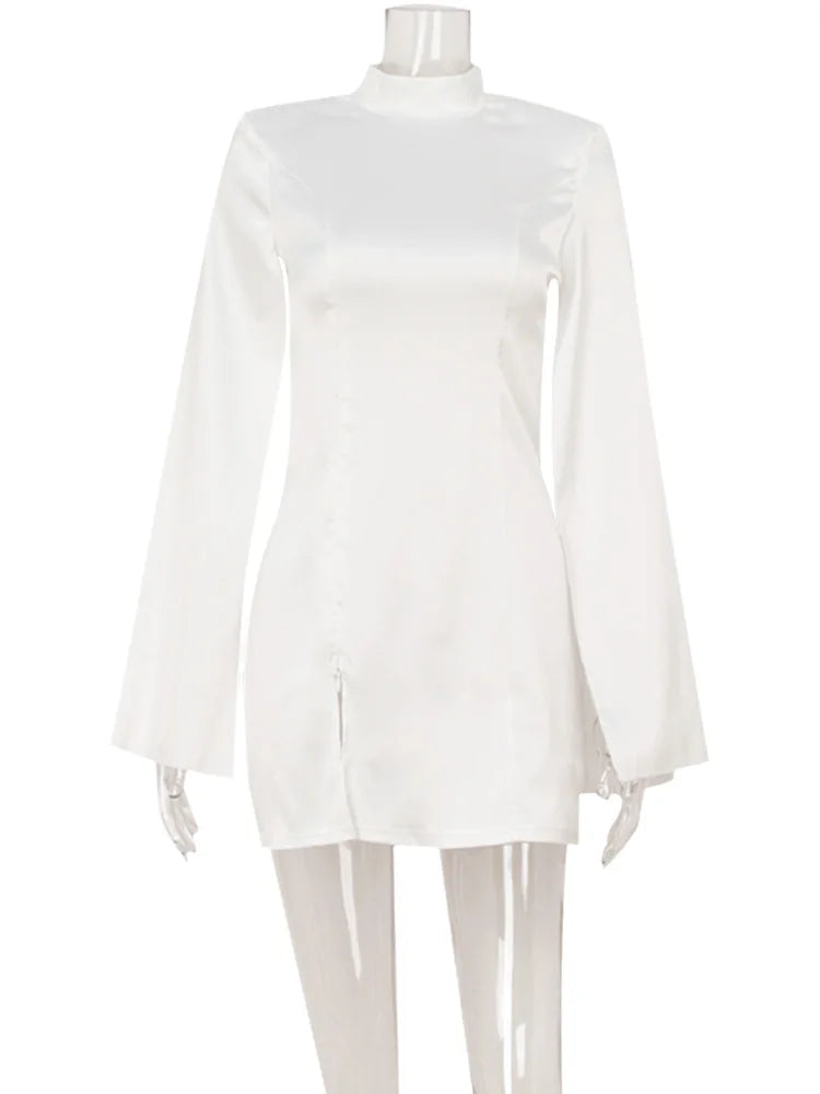 Elegant Long Sleeve Satin Turtleneck Mini Dress for Women