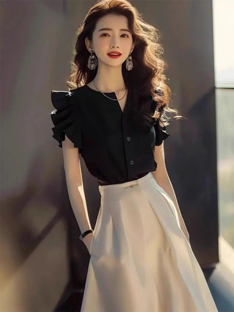 Woman Outfit Chiffon Beach Long Sleeve Skirt Black 2 Pieces Sets for Women Elegant Casual Stylish Y2k Clothes Chic New Matching