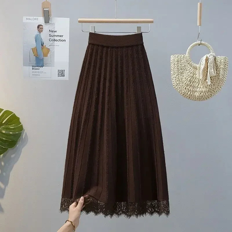 High Waist Knitted Pleated Midi Skirt With Lace Details for Women