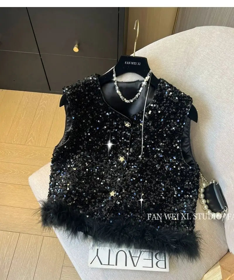 Elegant Retro Chinese Style Sequined Knit Vest for Women