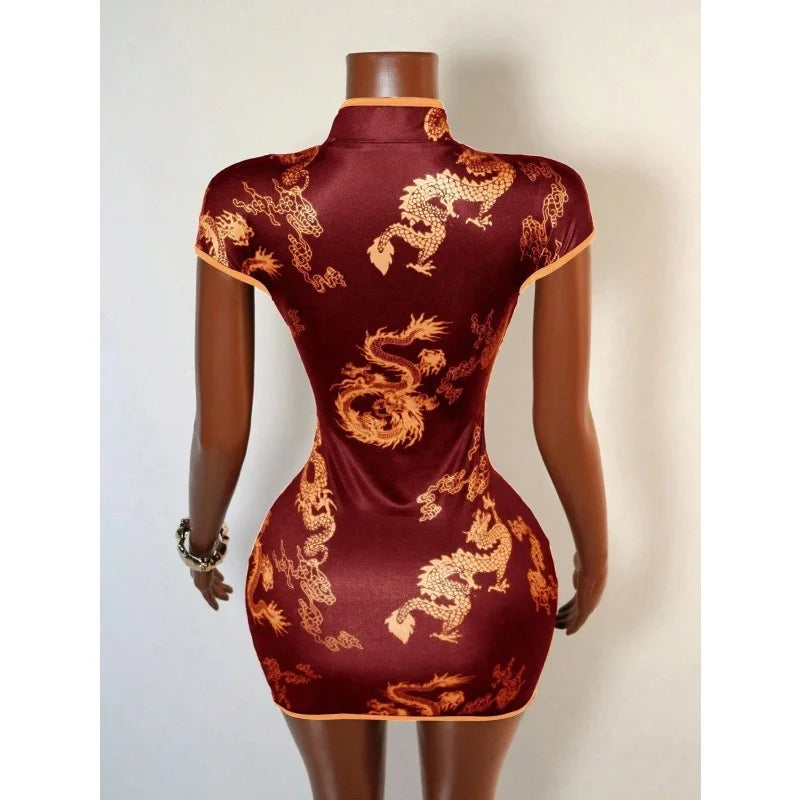 Cheongsam Style Dragon Print Cutout Dress for Women