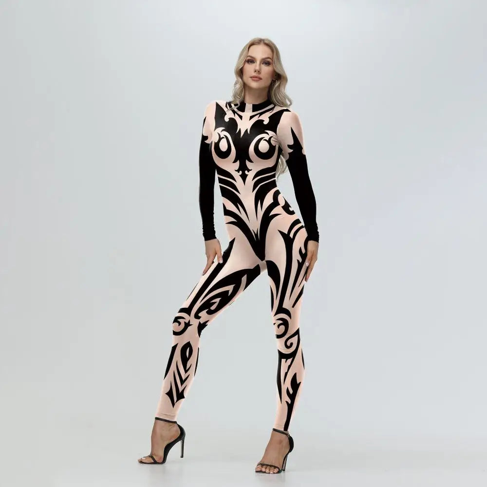 Elegant Skin Color Rhinestone Print Jumpsuit for Women