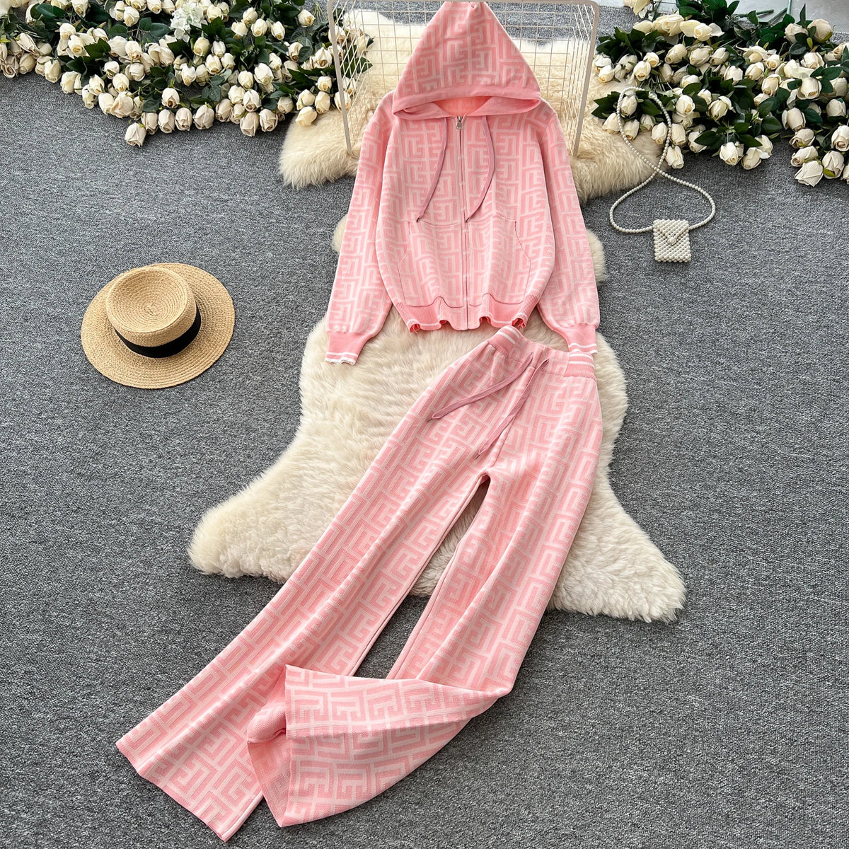 Geometric Print Hooded Knit Two Piece Set for Women