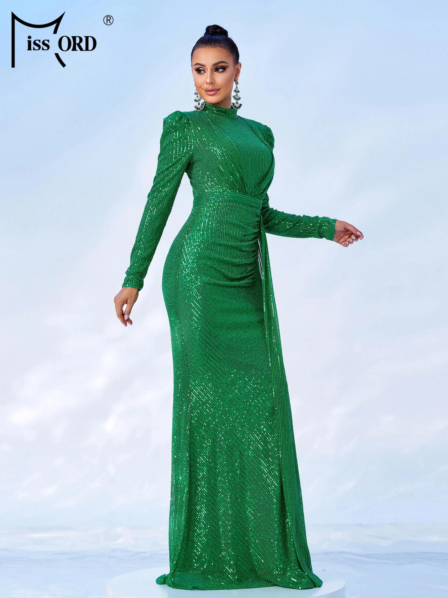 Missord Round Neck Long Sleeved Sequin Mermaid Evening Fashionable Exquisite Cocktail Prom Dress