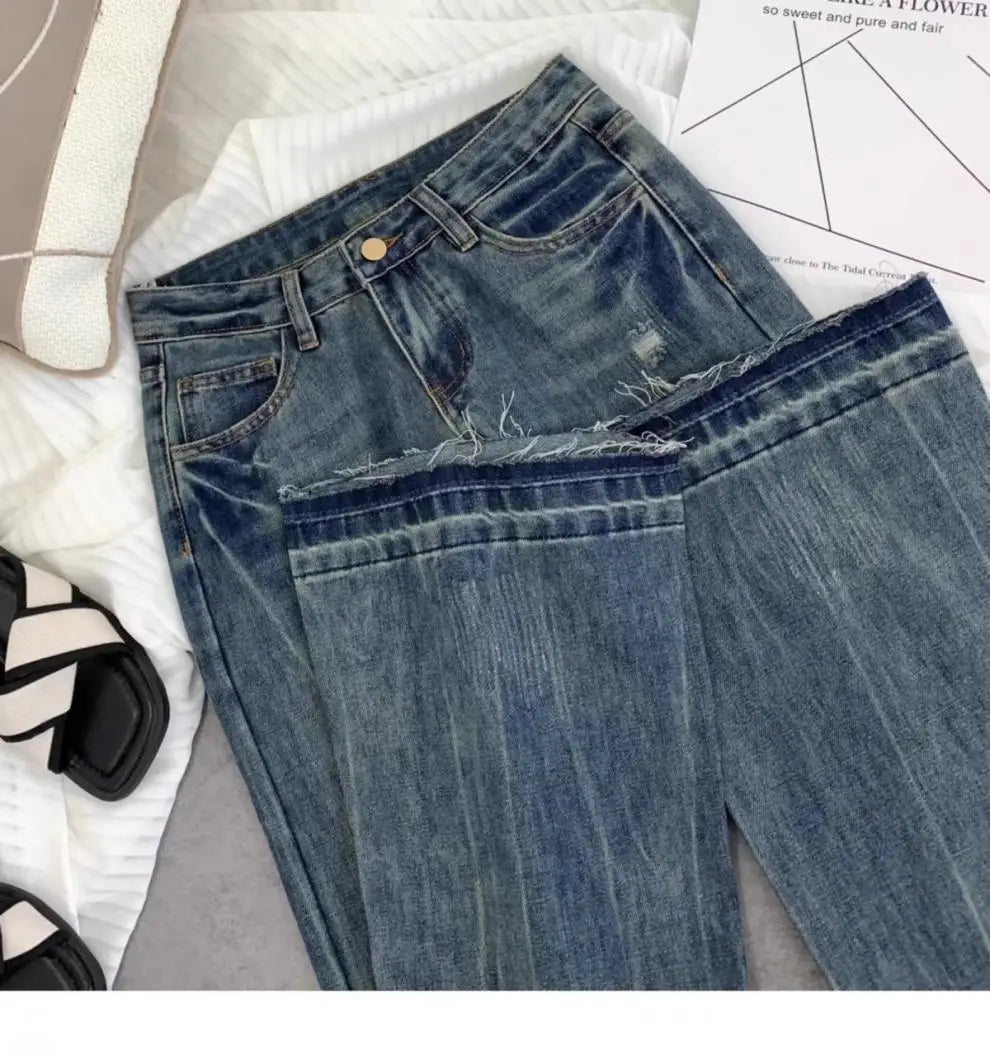 American retro low-waisted jeans female autumn new embroidery old casual fashion temperament slim Joker bell bottoms.