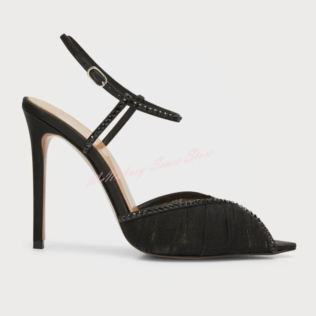 Crystal Mesh Buckle Strap Peep Toe Pumps for Women