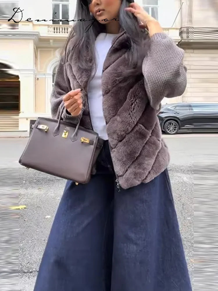 Faux Fur Patchwork Knit Coat With High Collar for Women