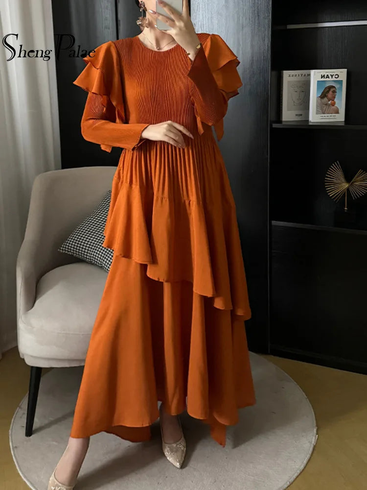 Pleated Tiered Long Sleeve Maxi Dress