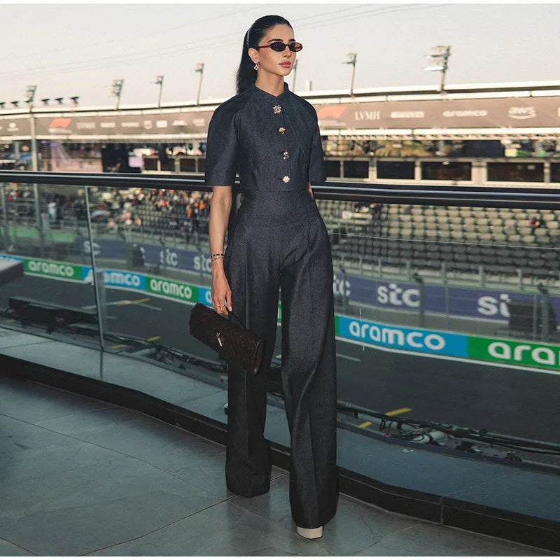 Single Button Denim Jacket With Wide Leg Pants For Women